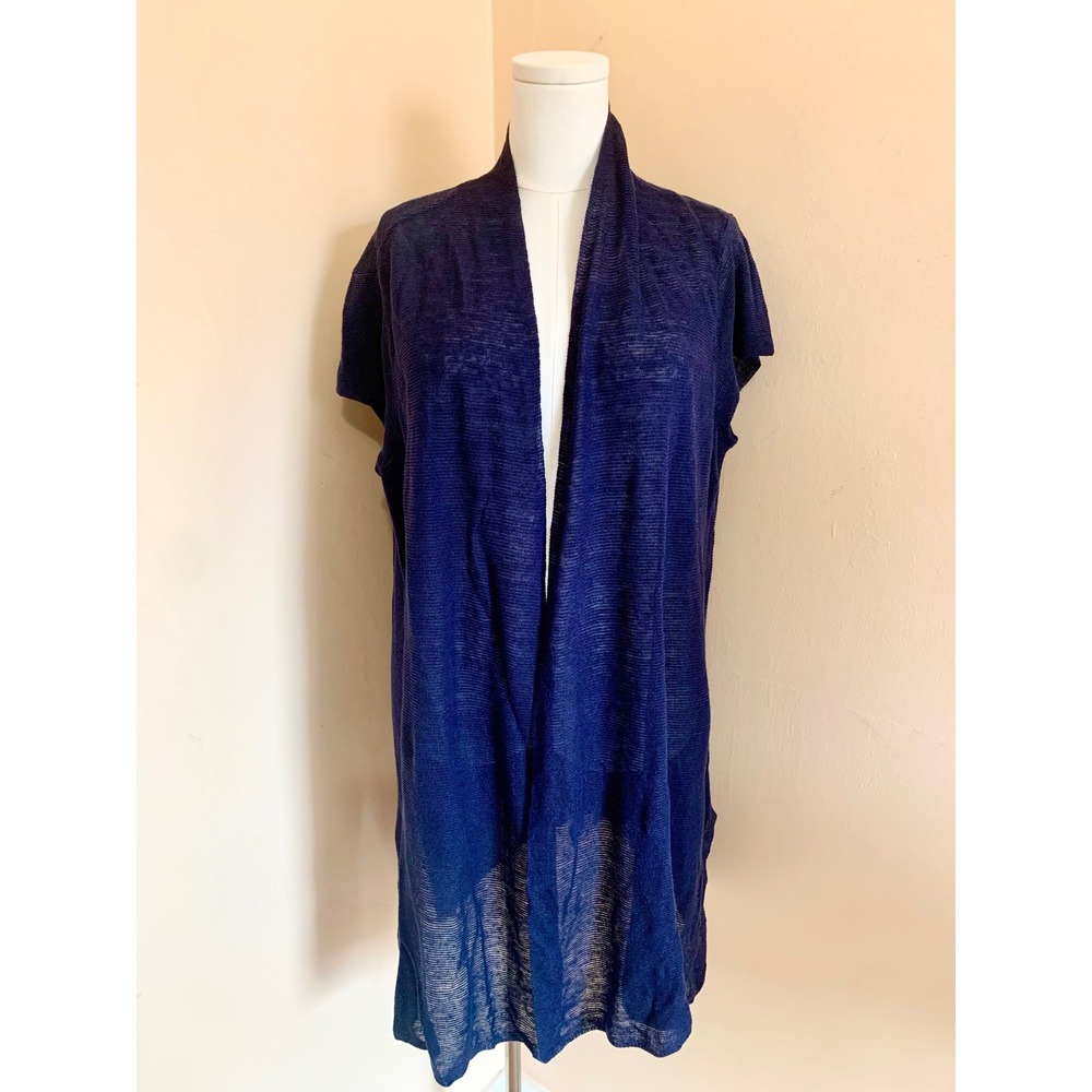 Eileen Fisher Navy Blue 100% Organic Linen Short Sleeve Long Cardigan Vest